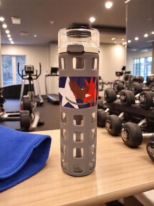 A Grey Glass water bottle with Brown Eagle