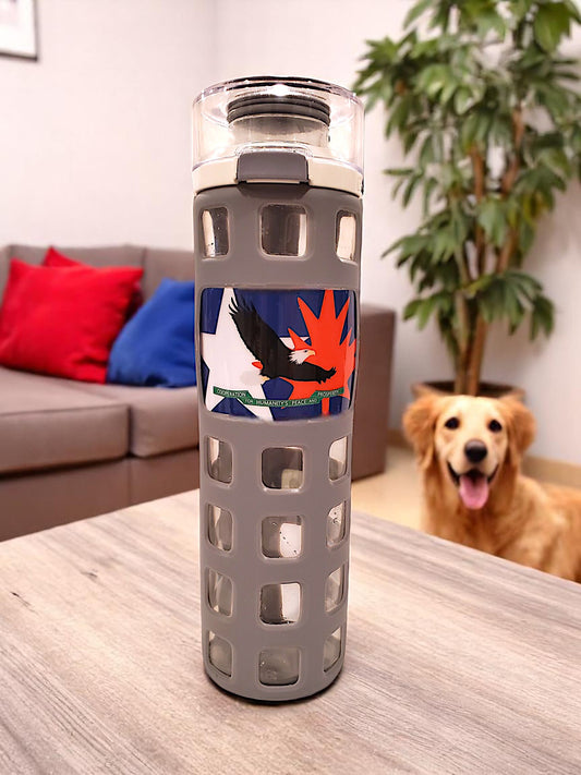a Grey Glass water bottle with White Face Eagle